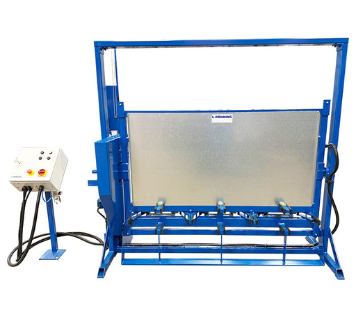 Blue metal frame with a white panel and control box on a white background